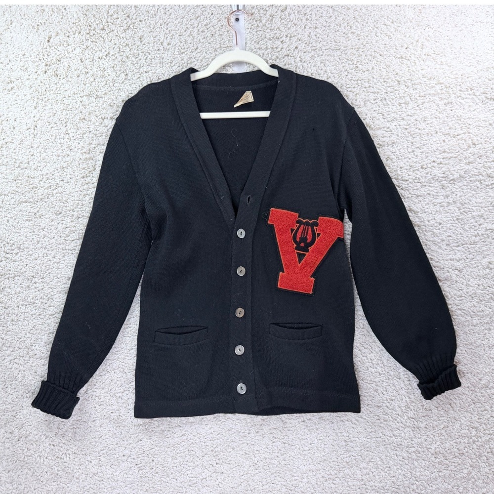 Vintage Varsity Cardigan Sweater Mens Small Black Wool Chenille V Patch Lyre